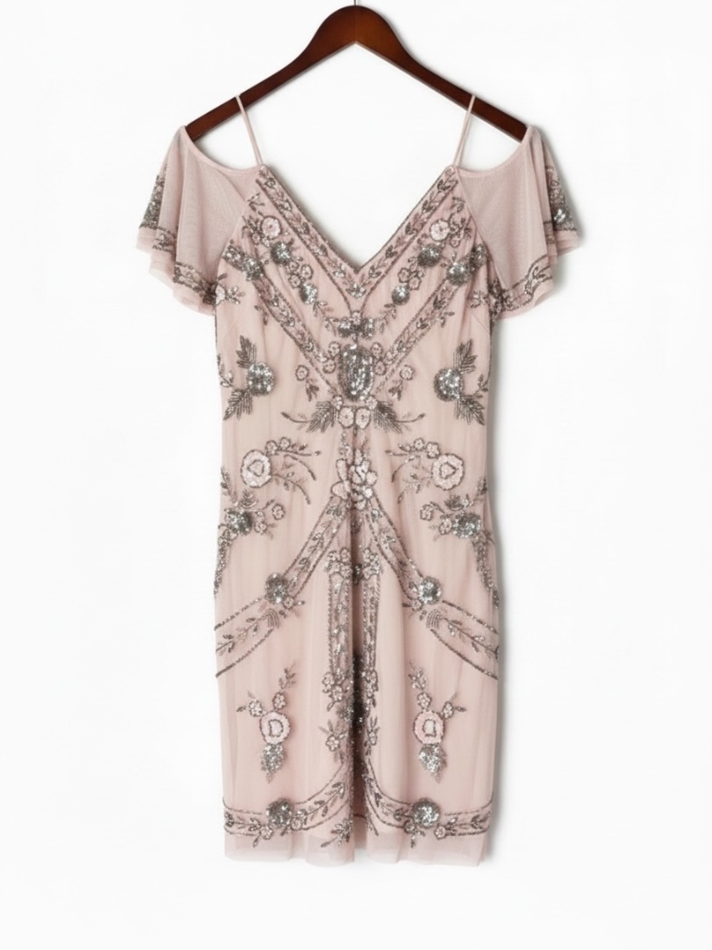 Aidan Mattox Beaded Sequin Cold Shoulder Cocktail Dress Blush Pink Size 10